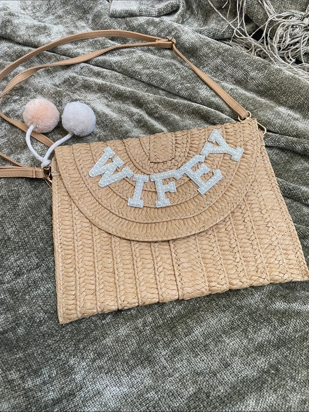 Wifey Straw Crossbody Bag in Tan